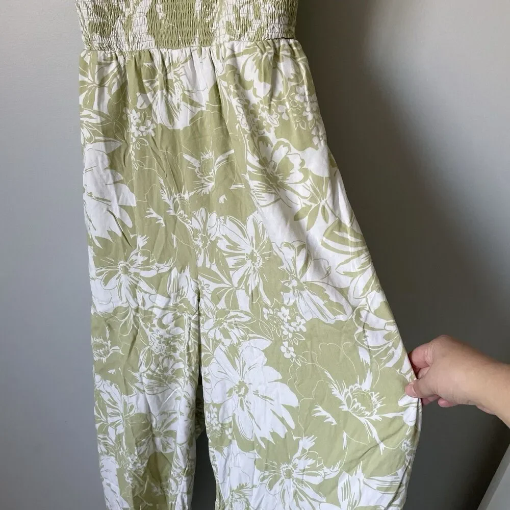 American Eagle Jumpsuit Tropical Floral Print Green White Backless Women's Large - Picture 8 of 13